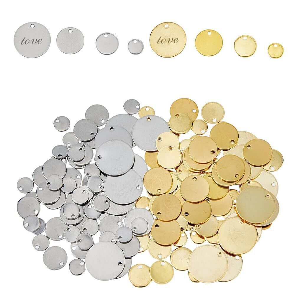 5898 160Pcs Round Tag Pendants 4 Sizes Mini Round Charms Stainless Steel